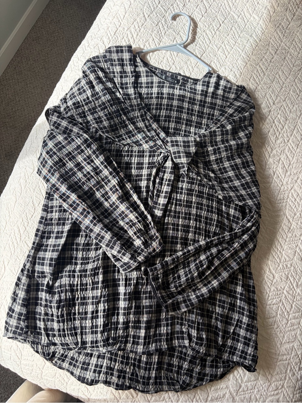 Zara Black and White Plaid Tie-Front Blouse